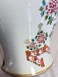 A pair of Chinese famille rose 'Phoenixes among Flowering Branches' vases and covers, 20th C.