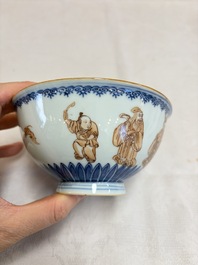 A pair of Chinese blue and white iron-red-decorated 'Three Star Gods' bowls, Qianlong mark and of the period