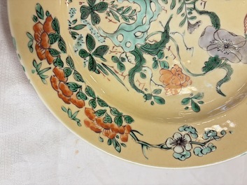 A pair of Chinese famille verte caf&eacute;-au-lait-ground plates with floral design, lotus mark, Kangxi