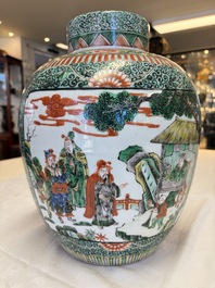 A Chinese famille verte jar and cover with narrative design, 19th C.