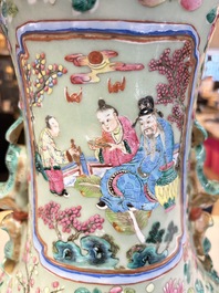 A pair of large Chinese famille rose celadon-ground 'Romance of the Three Kingdoms' vases, 19th C.