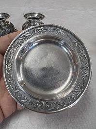 A pair of Chinese silver jarlets, a pair of saucer dishes, a rectangular casket and a cylindrical box, 19/20th C.