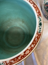A Chinese famille verte pink-ground scroll pot with narrative design, 19th C.