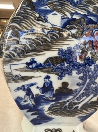 A Chinese blue, white and copper-red 'Hu' vase with figures in a mountainous landscape, 19th C.