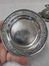 A pair of Chinese silver jarlets, a pair of saucer dishes, a rectangular casket and a cylindrical box, 19/20th C.