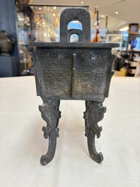 A Chinese archaistic bronze censer with Taotie design, Fang Ding 方鼎, Ming