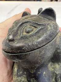 A rare Chinese archaistic bronze bear-form wine vessel, Gong 觥, Han or later
