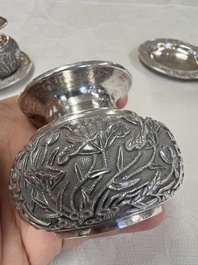 A pair of Chinese silver jarlets, a pair of saucer dishes, a rectangular casket and a cylindrical box, 19/20th C.