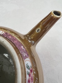 A Chinese famille rose capucine-ground covered teapot with floral design, seven cups and saucers, Yongzheng/Qianlong