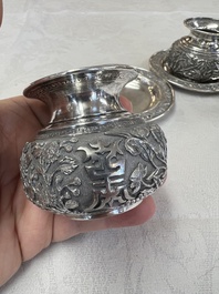 A pair of Chinese silver jarlets, a pair of saucer dishes, a rectangular casket and a cylindrical box, 19/20th C.