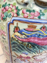 A pair of large Chinese famille rose celadon-ground 'Romance of the Three Kingdoms' vases, 19th C.