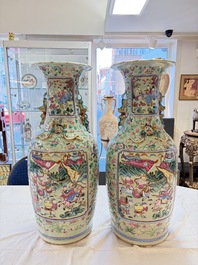 A pair of large Chinese famille rose celadon-ground 'Romance of the Three Kingdoms' vases, 19th C.