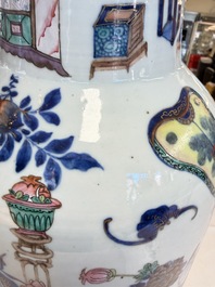 A Chinese doucai and famille rose rouleau vase with figures among antiquities, 19th C.