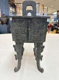 A Chinese archaistic bronze censer with Taotie design, Fang Ding 方鼎, Ming