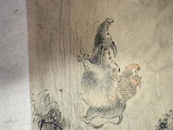 Three Chinese school paintings, ink and colour on silk and paper, signed Cui Feng 崔鳯, Wang Tingrong 王廷榕, Sushi 苏氏 seal mark, 19/20th C.
