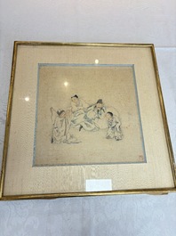 Three Chinese school paintings, ink and colour on silk and paper, signed Cui Feng 崔鳯, Wang Tingrong 王廷榕, Sushi 苏氏 seal mark, 19/20th C.