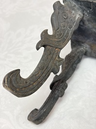 A Chinese archaistic bronze censer with Taotie design, Fang Ding 方鼎, Ming