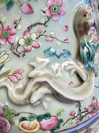 A pair of large Chinese famille rose celadon-ground 'Romance of the Three Kingdoms' vases, 19th C.