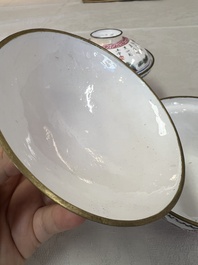 A pair of Chinese Canton enamel 'Wang Zhi Lan Ke 王質爛柯' and 'Poem' covered bowls, 18th C.
