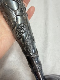 A Chinese silver 'Dragon' vase, two stem cups and a handled cup, various marks, 19/20th C.