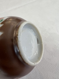 A Chinese famille rose capucine-ground covered teapot with floral design, seven cups and saucers, Yongzheng/Qianlong