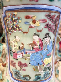 A pair of large Chinese famille rose celadon-ground 'Romance of the Three Kingdoms' vases, 19th C.