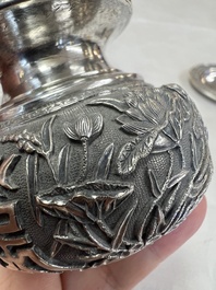 A pair of Chinese silver jarlets, a pair of saucer dishes, a rectangular casket and a cylindrical box, 19/20th C.