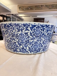A massive Chinese blue and white 'Buddhist lotus scroll' circular basin, Kangxi