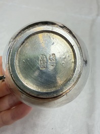 A Chinese silver 'Dragon' vase, two stem cups and a handled cup, various marks, 19/20th C.