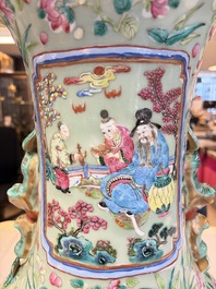 A pair of large Chinese famille rose celadon-ground 'Romance of the Three Kingdoms' vases, 19th C.