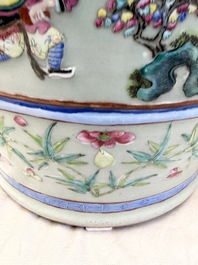 A pair of large Chinese famille rose celadon-ground 'Romance of the Three Kingdoms' vases, 19th C.