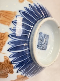 A pair of Chinese blue and white iron-red-decorated 'Three Star Gods' bowls, Qianlong mark and of the period