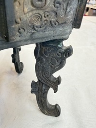 A Chinese archaistic bronze censer with Taotie design, Fang Ding 方鼎, Ming