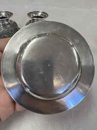 A pair of Chinese silver jarlets, a pair of saucer dishes, a rectangular casket and a cylindrical box, 19/20th C.
