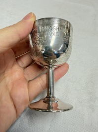 A Chinese silver 'Dragon' vase, two stem cups and a handled cup, various marks, 19/20th C.