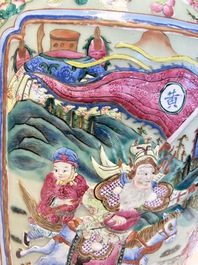 A pair of large Chinese famille rose celadon-ground 'Romance of the Three Kingdoms' vases, 19th C.