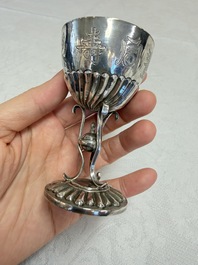 A Chinese silver 'Dragon' vase, two stem cups and a handled cup, various marks, 19/20th C.