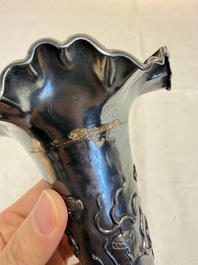 A Chinese silver 'Dragon' vase, two stem cups and a handled cup, various marks, 19/20th C.