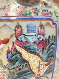 A pair of large Chinese famille rose celadon-ground 'Romance of the Three Kingdoms' vases, 19th C.