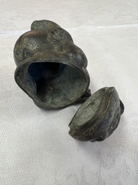 A rare Chinese archaistic bronze bear-form wine vessel, Gong 觥, Han or later