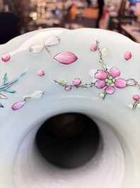 A pair of large Chinese famille rose celadon-ground 'Romance of the Three Kingdoms' vases, 19th C.