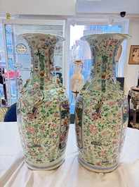 A pair of large Chinese famille rose celadon-ground 'Romance of the Three Kingdoms' vases, 19th C.