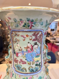 A pair of large Chinese famille rose celadon-ground 'Romance of the Three Kingdoms' vases, 19th C.