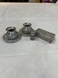 A pair of Chinese silver jarlets, a pair of saucer dishes, a rectangular casket and a cylindrical box, 19/20th C.