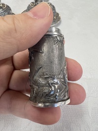 A pair of Chinese silver jarlets, a pair of saucer dishes, a rectangular casket and a cylindrical box, 19/20th C.