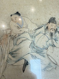 Three Chinese school paintings, ink and colour on silk and paper, signed Cui Feng 崔鳯, Wang Tingrong 王廷榕, Sushi 苏氏 seal mark, 19/20th C.