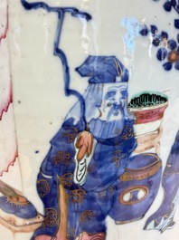 A Chinese doucai and famille rose rouleau vase with figures among antiquities, 19th C.