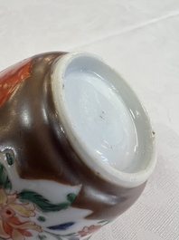 A Chinese famille rose capucine-ground covered teapot with floral design, seven cups and saucers, Yongzheng/Qianlong