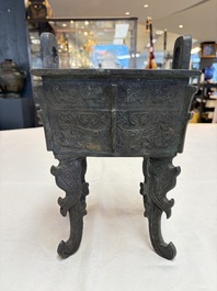A Chinese archaistic bronze censer with Taotie design, Fang Ding 方鼎, Ming