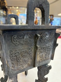A Chinese archaistic bronze censer with Taotie design, Fang Ding 方鼎, Ming